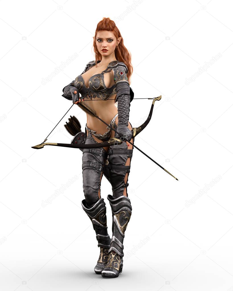Sexy female dark elf archer fantasy character standing with arrow drawn in her bow. 3D illustration isolated on white.
