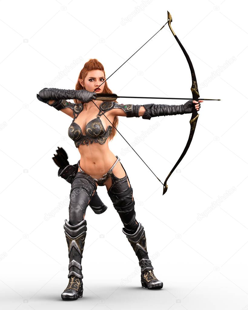 Fantasy female elf warrior standing ready to shoot an arrow from her bow. 3D illustration isolated on white.