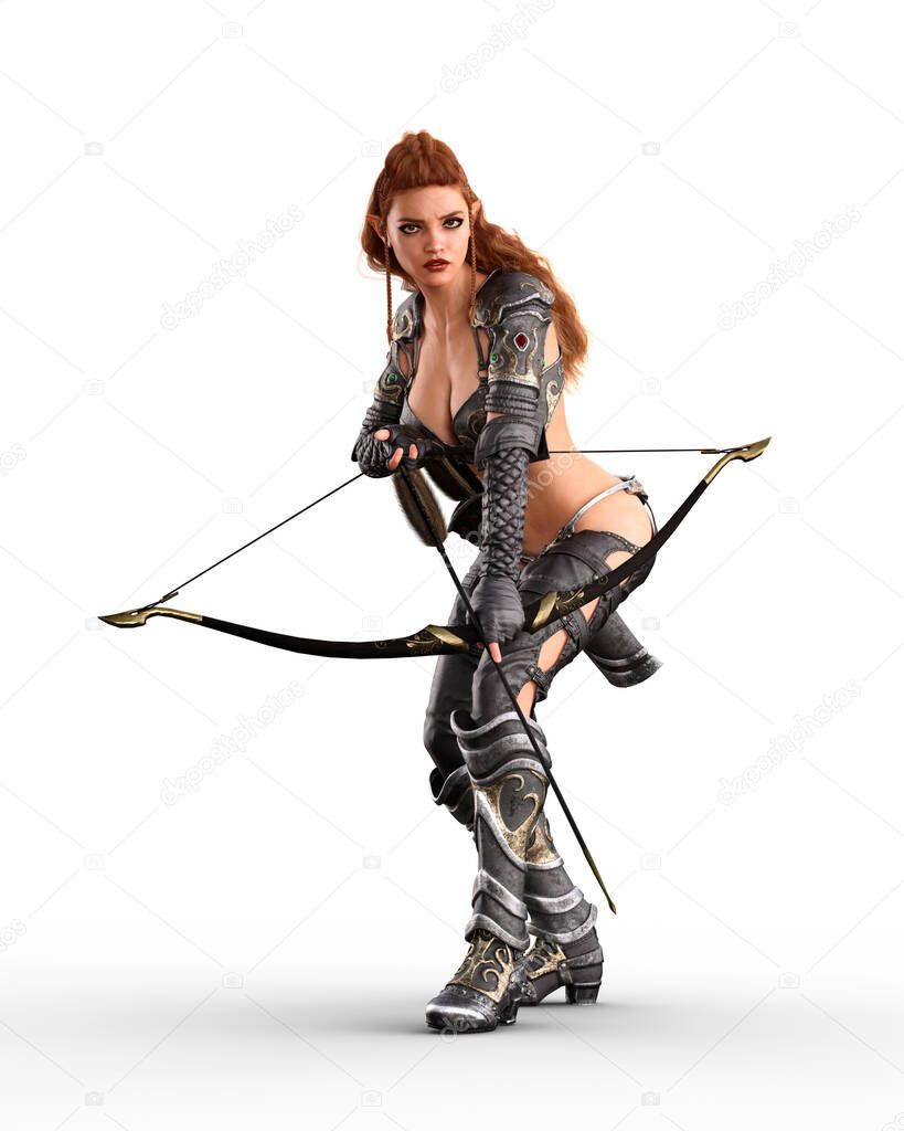 Beautiful sexy dark elf archer woman with arrow drawn in her bow creeping stealthily towards an intended target. 3D illustration isolated on white.