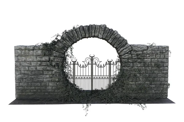 Black Iron Gate Circular Stone Archway Overgrown Ivy Illustration Isolated — стоковое фото