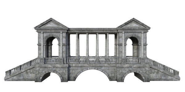 3D rendering of an old grey stone bridge with roof covering, arched windows and columns isolated on a white background.