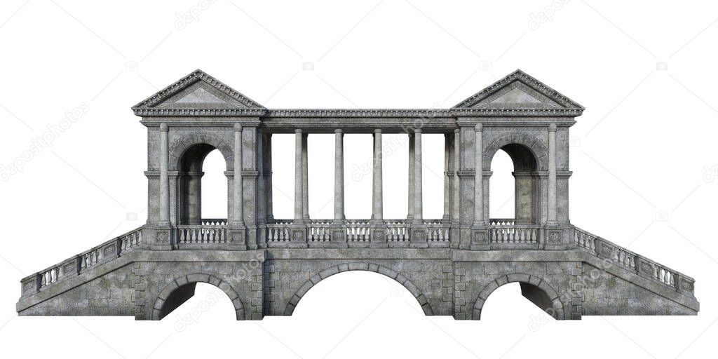 3D rendering of an old grey stone bridge with roof covering, arched windows and columns isolated on a white background.