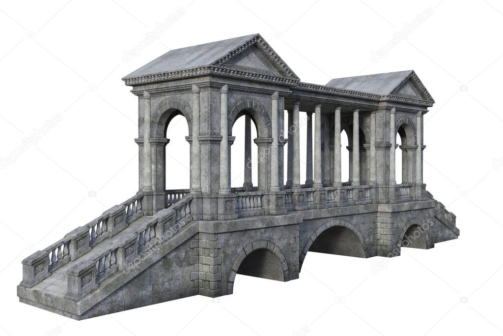 Perspective view 3D rendering of an old grey stone bridge with roof covering, arched windows and columns isolated on a white background.