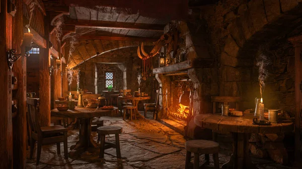 İçi yemek ve içeceklerle dolu karanlık bir ortaçağ tavernası masaları, açık şömineler, mumlar ve pencereden gün ışığı. 3B görüntüleme.