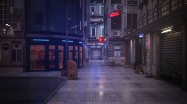 Üç boyutlu karamsar bir yaya geçidinin gece yarısı şehir merkezindeki köhne bir yolda çizimi. Siyah çevre kavramı.