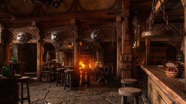 Bir ortaçağ tavernasında ya da hanında, ahşap kirişlerden sarkan kalkanlarla ve arka planda yanan bir ateşle 3D bar ve masaların canlandırılması..