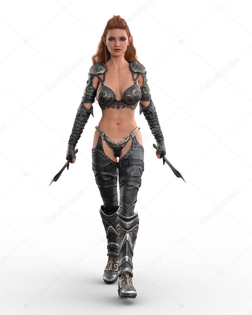 A beautiful exotic fantasy dark elf warrior woman walking towards the camera armed with two daggers. 3D illustration.