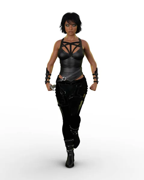 Rendering Beautiful Exotic Dark Haired Fantasy Woman Assassin Wearing Black — Stock Photo, Image