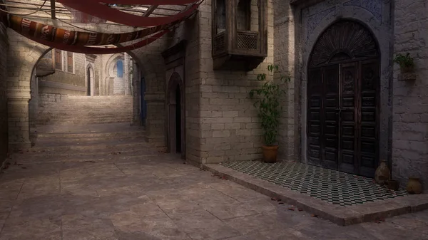 Αραβική Θεματική Σκηνή Δρόμου Παλιά Πέτρινα Κτίρια Και Σκαλοπάτια Διακοσμητικές — Φωτογραφία Αρχείου