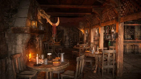 Dark moody medieval tavern inn interior with food and drink on round tables around an open fire burning in the fireplace. 3D rendering.