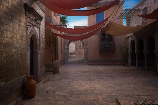 Empty Courtyard Old Medieval Moroccan Town Archway Leading Steps Far — Stockfoto