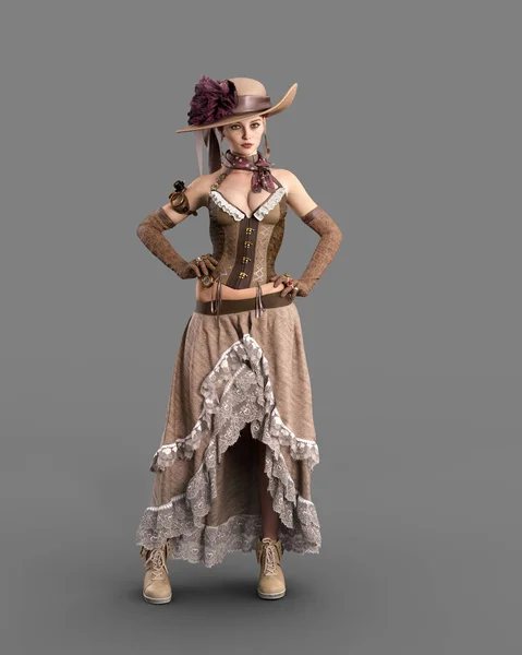 Portrait Beautiful Fantasy Woman Steampunk Costume Posing Hands Hips Illustration — стоковое фото