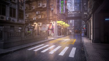 3D illustration of a dark moody street at night in a seedy downtown urban city environment.