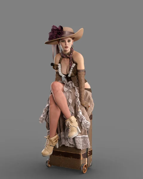 Beautiful Young Woman Steampunk Costume Sitting Travel Case Legs Crossed — 스톡 사진