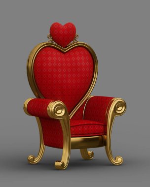 3d rendering angled view of a heart shaped throne seat on a grey background. Valentines Day concept.