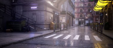 Wide panoramic view of a dark moody empty city centre street at night. Noir concept 3d illustration.