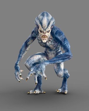 Vicious looking alien creature with sharp teeth, claws and menacing stare creeping towards the camera. 3D illustration isolated on grey.