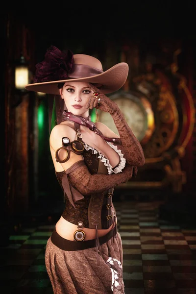 Beautiful Young Fantasy Steampunk Woman Posing Front Large Vintage Clock — Stok fotoğraf