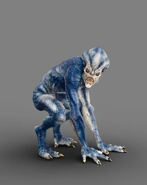 Scary Humanoid Alien Creature Blue Grey Skin Sharp Teeth Crouching — Photo