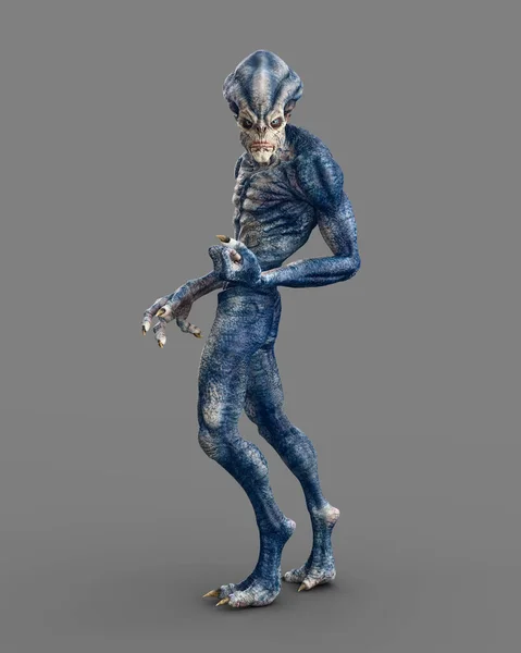 Blue Grey Humanoid Alien Creature Looking Back Aggressive Pose Rendering — Stockfoto