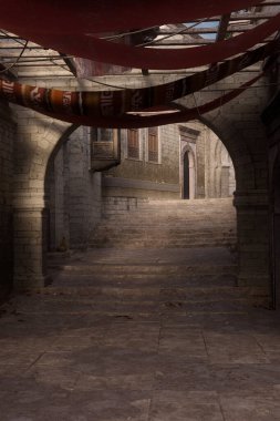3D rendering of a narrow street in an old medieval Arabian town with archway leading to steps.