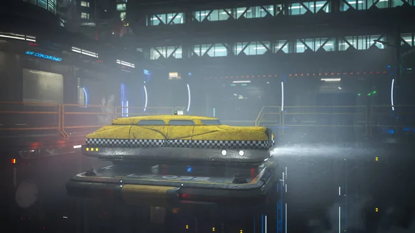 Taxi Amarillo Volador Futurista Flotando Sobre Una Plataforma Atraque Entorno — Foto de Stock
