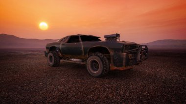 Gün batımında çölde, fantezi bir çöl manzarasında paslı, kaslı bir araba. Kıyametten sonraki konsept 3 boyutlu illüstrasyon.