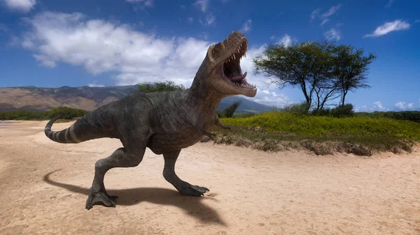 白亜紀のティラノサウルス レックスの恐竜の3Dレンダリングが立ち 風景の中で轟音 — ストック写真