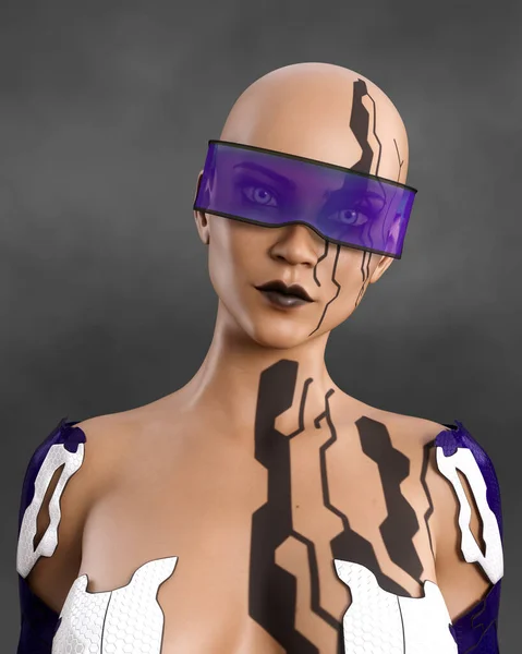 Portrait Beautiful Bald Cyberpunk Woman Wearing Futuristic Outfit Visor Cyberpunk — Stock Photo, Image