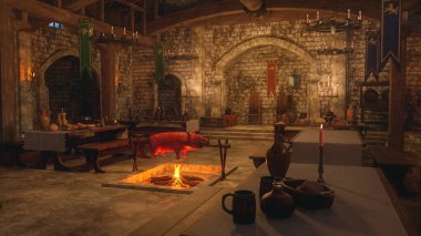 Ortaçağ Viking yemekhanesinin içinde açık ateşte kızaran bir yaban domuzu var. 3B illüstrasyon.