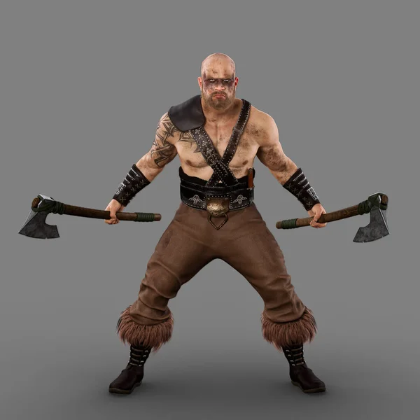 凶狠野蛮的维京战士 身上有纹身和战漆 两手都拿着长胡子的斧头 随时准备战斗 3D在灰色上孤立的插图 — 图库照片