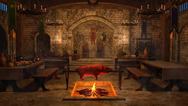 Interior Del Comedor Medieval Vikingo Con Cerdo Asando Sobre Una — Foto de Stock