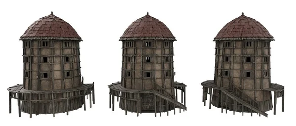 Torre Medievale Arrotondata Con Struttura Legno Gradini Illustrazione Angolazioni — Foto Stock