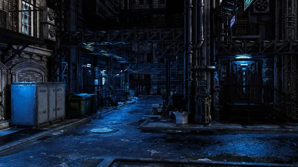 Mörk Seedy Backstreet Fantasi Framtida Cyberpunk Stad Med Lynniga Blå — Stockfoto