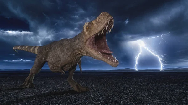 Tyrannosaurus Rex Dinosaurie Ryter Ett Kargt Ökenlandskap Natten Med Åskväder — Stockfoto