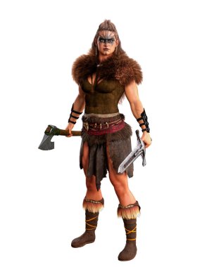 Sakallı balta ve kılıç tutan uzun, güçlü, barbar kostümlü Viking savaşçısı kadın. Beyaz arkaplanda 3 boyutlu resimleme izole edildi.