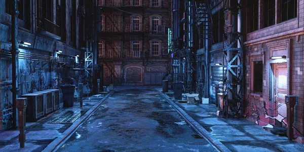 Gece vakti karanlık gelecekçi siberpunk şehir sokağının geniş panoramik manzarası. 3B görüntüleme.