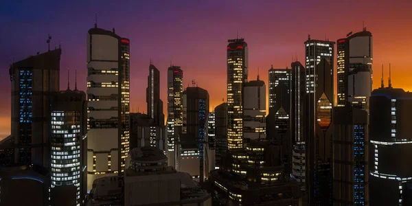 Breed Panoramisch Uitzicht Een Futuristisch Stadsgezicht Met Wolkenkrabbers Die Bij — Stockfoto