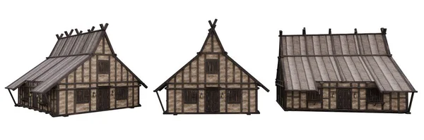 Vistas Una Casa Madera Medieval Enmarcada Ilustración Aislada Blanco — Foto de Stock