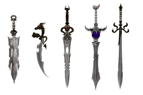 Collection Épées Fantastiques Avec Poignées Décorées Isolées Sur Blanc Rendu — Photo