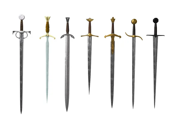 Collection Medieval Fantasy Swords Illustration Isolated White Background — Stock Photo, Image