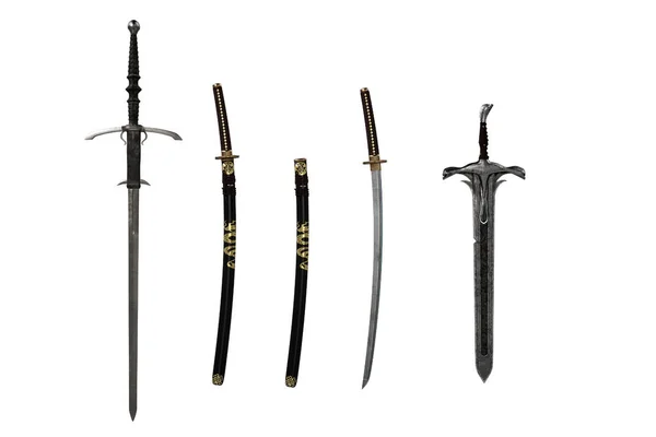 日本嘉年华剑与剑鞘和其他两把奇幻剑 在白色背景上孤立的3D渲染 — 图库照片
