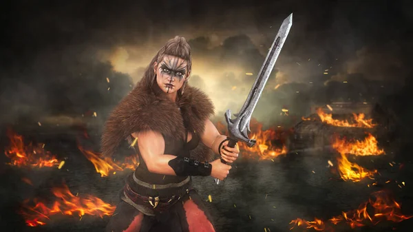 凶猛的维京野蛮女人拿着剑在燃烧的战场上战斗 3D渲染 — 图库照片
