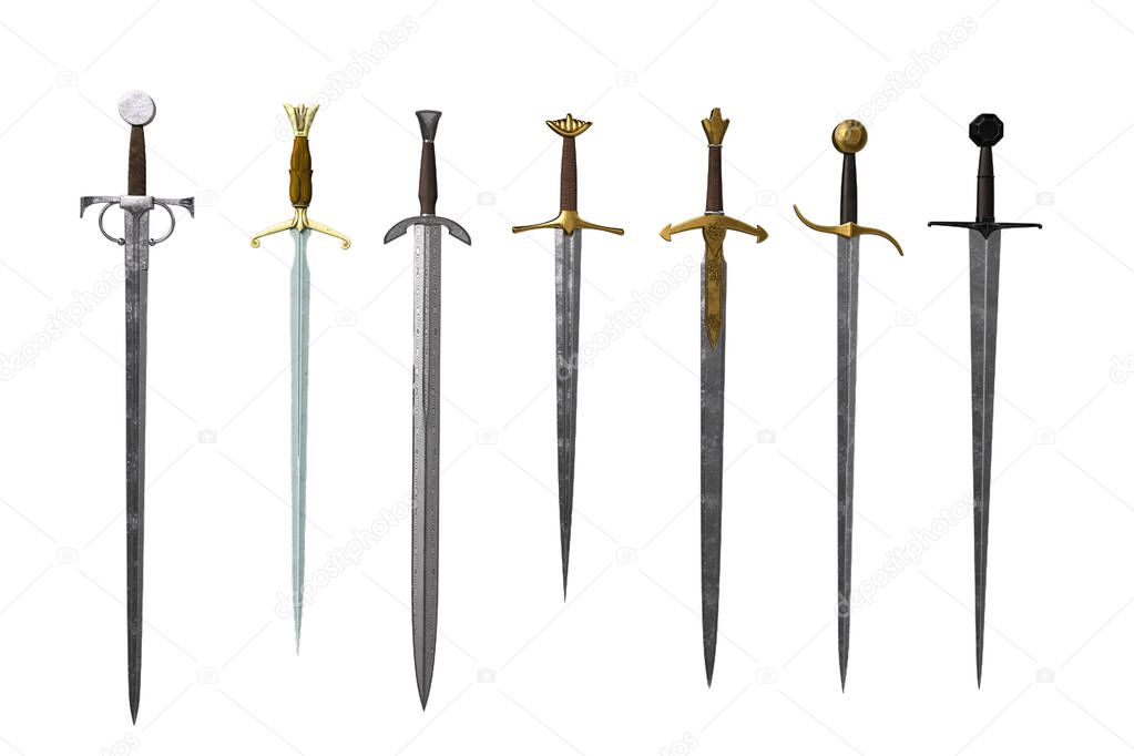 Collection of medieval fantasy swords. 3D illustration isolated on white background.
