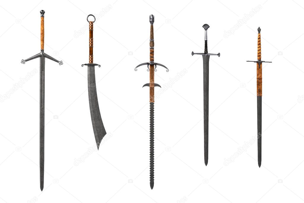 5 fantasy medieval swords. 3D illustration isolated on white.