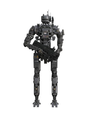 Gelecekçi fanatik robot droid elinde makineli tüfek tutuyor. Beyaz arkaplanda 3B görüntüleme izole edildi.