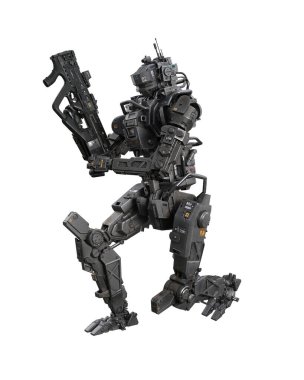 Gelecekteki siber robot robotun makineli tüfeği doldurduğunu hayal et. Beyaz arkaplanda 3 boyutlu resimleme izole edildi.