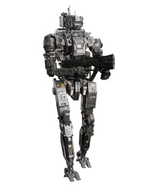 Fantezi ürünü siber robot robot bir makineli tüfekle yürüyor ve ateş ediyor. Beyaz arkaplanda 3 boyutlu resimleme izole edildi.