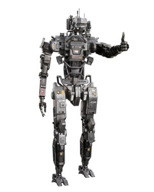 Fütürist siber robot droid baş parmak işareti yapıyor. Beyaz arkaplanda 3B görüntüleme izole edildi.