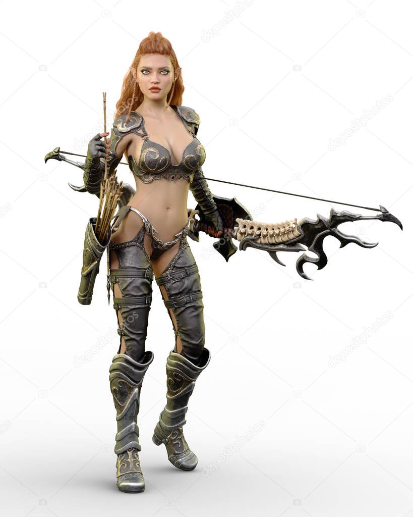 Beautiful fantasy elven archer woman holding bow in left hand and drawing an arrow from her quiver. 3D rendering isolated on white background.